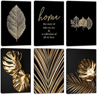 HoozGee Framed Leaf Canvas Wall Art Prints Modern Black and Gold Botanical Tropical Plant Leaf Wall Decor Built-in Wooden Frame Gallery Wall Art Poster for Bedroom Bathroom (24"x36" FRAMED)