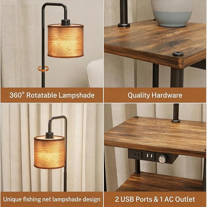 Floor Lamp with Table, Shelves, Side Table with USB Charging Port and Outlet, Modern Bedside Nightstand End Table with Lamp for Living Room, Bedroom, Guest Room, Bulb Included, Wood Grain