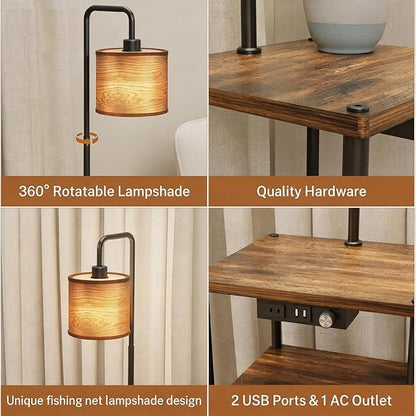 Floor Lamp with Table, Shelves, Side Table with USB Charging Port and Outlet, Modern Bedside Nightstand End Table with Lamp for Living Room, Bedroom, Guest Room, Bulb Included, Wood Grain