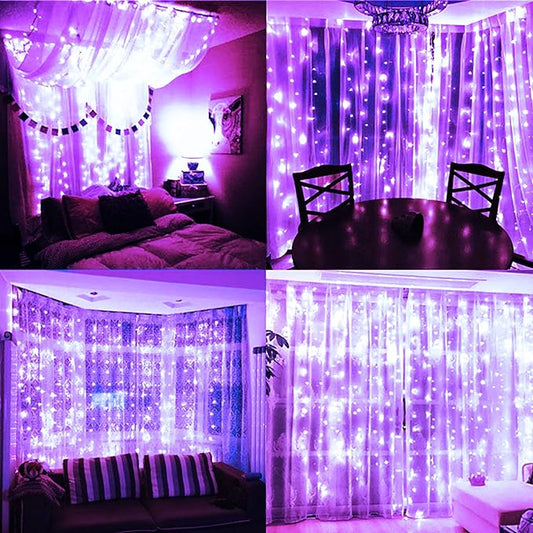 300 LED Curtain String Lights, Twinkle Fairy Lights for Bedroom with 8 Lighting Modes, USB Christmas Lights for Party Home Bedroom Indoor Wall Room Decor (Purple)