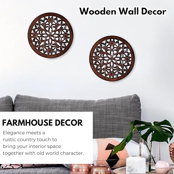 Woodify Hand-Carved Wooden Wall Décor – Set of 2, 12" x 12" Decorative Wood Panels, Floral Design, Natural Burnt Finish, Wall Art for Living Room & Home Décor