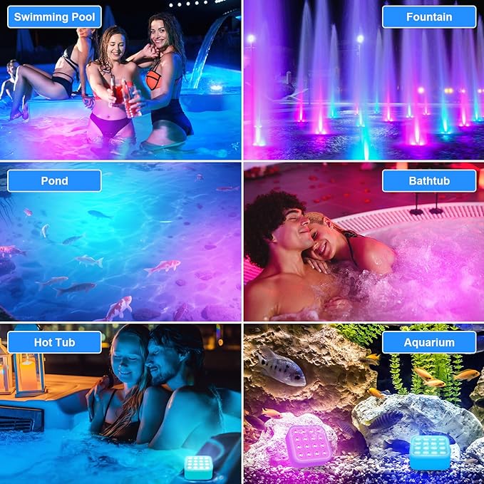 Rechargeable Pool Lights with Remote, 16 Color Changing Submersible LED Lights, Waterproof Pool for inground, Ponds, Bathtub Decorations, 2 Pack