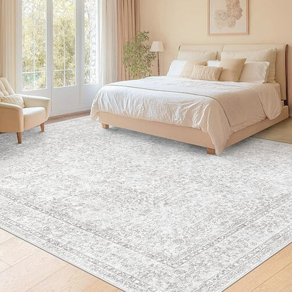 9x12 Area Rugs for Living Room: Washable Large Vintage Floral Rug Low Pile Non-Slip Boho Carpet for Bedroom Home Office Dining Room (Floral Grey, 9'x12')