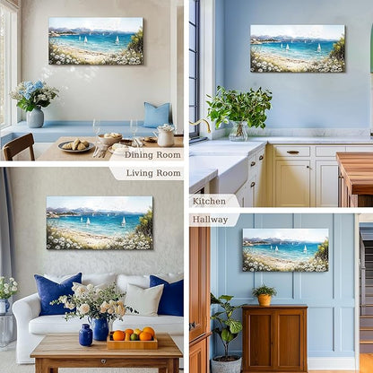 SERIMINO Coastal Landscape Large Wall Art, Beach Daisy Canvas Art Prints, Bay Sailboat Artwork for Walls, Nature Ocean Scenery Paintings Wall Decor Living Room Bedroom, Rustic Home Decor 20"X40"