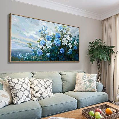 Framed Floral Wall Art for Bedroom Living Room – Blue and White Flowers Canvas Painting with Rustic Wood Frame – Botanical Artwork for Farmhouse & Cottage Décor 48x24 Inch