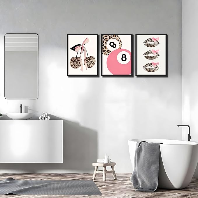 raiqtols Trendy Pink Leopard Bow Wall Art Prints Set of 3 – Funky Cherry and Lucky 8 Ball Posters, Coquette Preppy Aesthetic Pictures for Girls Bedroom Apartment Dorm Room Wall Decor – 12x16in