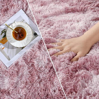 Deerhoo Shag Area Rug, 4 X 6 Tie-Dyed Plush Fuzzy Rugs for Living Room, Ultra Soft Fluffy Furry Rug for Bedroom, Indoor Carpet Nursery Rugs for Kids Room Home Decor, Pink Purple