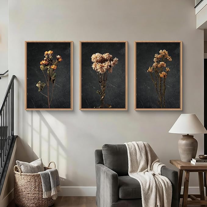 HOURIA Dark Moody Dried Floral Framed Canvas Wall Art Set,Vintage Mid Century Black Flower Wall Decor,Retro Boho Minimalist Wildflower Botanical Artwork for Living Room,Bedroom,Farmhouse- 24"x36"x3