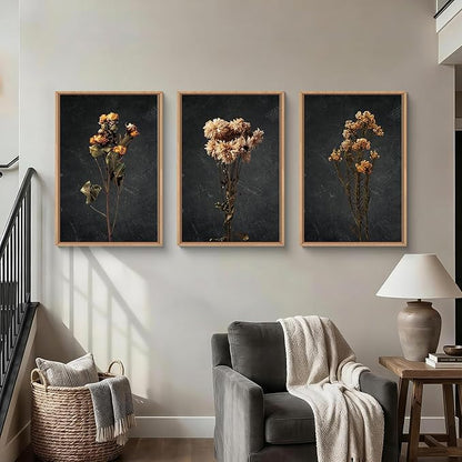 HOURIA Dark Moody Dried Floral Framed Canvas Wall Art Set,Vintage Mid Century Black Flower Wall Decor,Retro Boho Minimalist Wildflower Botanical Artwork for Living Room,Bedroom,Farmhouse- 16"x24"x3