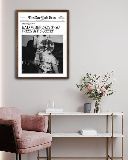 EcoHest Unframed Trendy Newspaper Magazine Wall Art, 12x16 in Bad Vibes Don't Go With My Outfit Disco Bar Canvas Wall Art, Preppy Retro Home Decor For Bedroom Living Room 1Pack