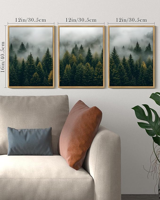 Drsoum Fog Pine Tree Landscape Wall Art Framed Nature Misty Nordic Forests Prints Morden Farmhouse Rustic Artwork Hallway Bathroom Ready to Hang 12x16in Natural Framed