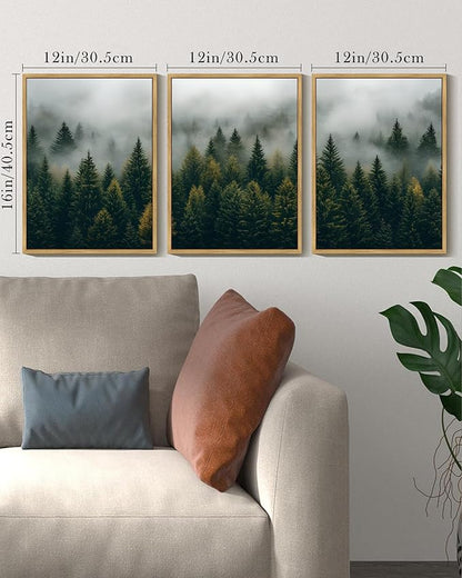 Drsoum Fog Pine Tree Landscape Wall Art Framed Nature Misty Nordic Forests Prints Morden Farmhouse Rustic Artwork Hallway Bathroom Ready to Hang 12x16in Natural Framed