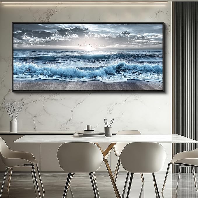 ERQINHUA Sunrise Ocean Seascape Wall Pictures Large Canvas Wall Decor For Bedroom Wall Art For Living Room Office Decor Blue Beach Sea Wave Paintings Artwork Modern Home Decor Black Framed 32x72 In
