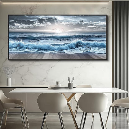 ERQINHUA Sunrise Ocean Seascape Wall Pictures Large Canvas Wall Decor For Bedroom Wall Art For Living Room Office Decor Blue Beach Sea Wave Paintings Artwork Modern Home Decor Black Framed 32x72 In