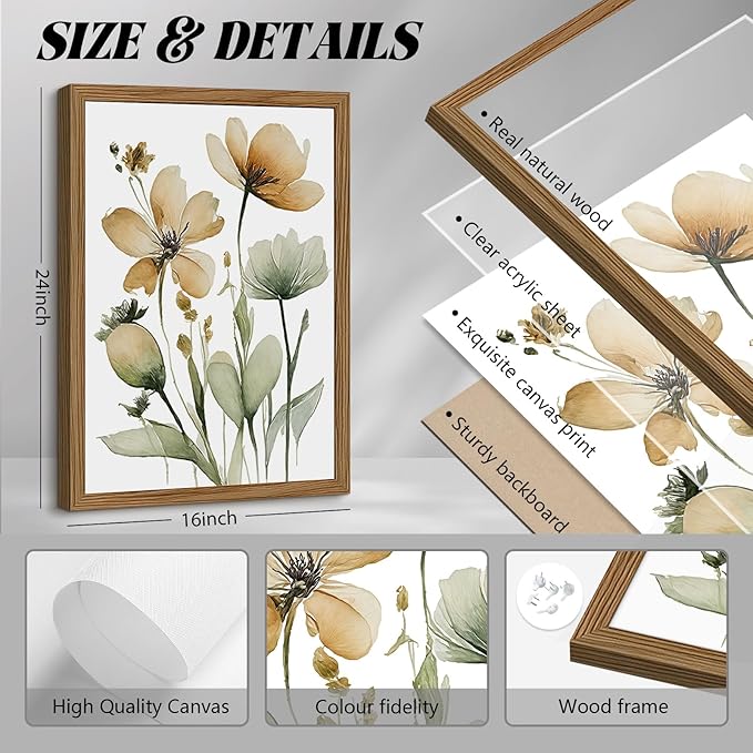 Sage Green Botanical Wall Art Boho Floral Wall Decor Minimalist Plant Canvas Pictures Flower Botanical Prints Watercolor Wildflower Poster Painting for Bathroom Bedroom 16x24x3 Inch Wood Frame
