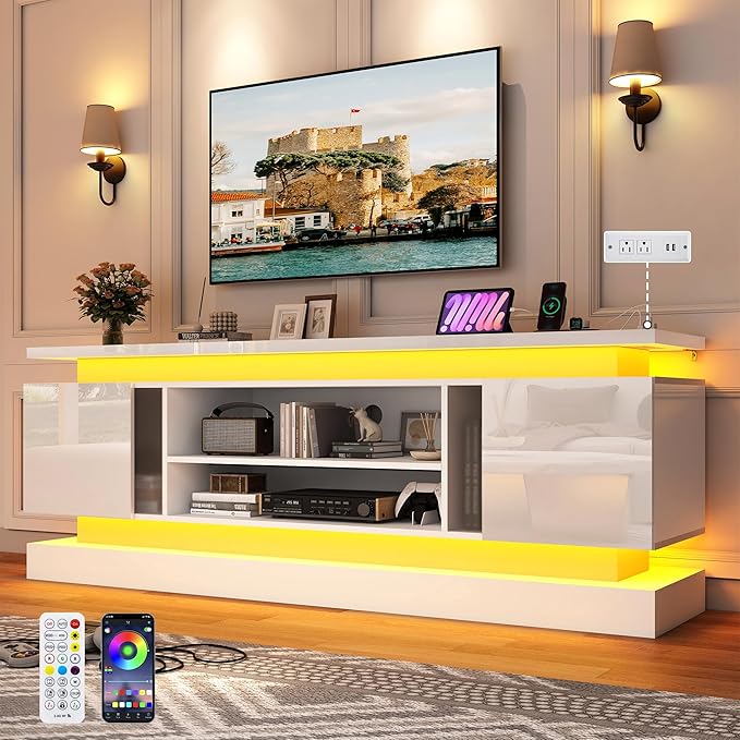 St.Mandyu 71" 2 LED TV Stand for TVs 85 inch,High Gloss Gaming Tall Entertainment Center w/Power Outlet,6000-Colors LED Lights,Modern TV Media Console Table with 2 Cabinets for Living Room,White