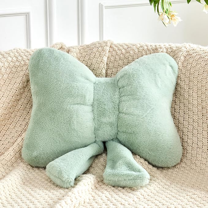 XVTRU Sage Green Bow Pillow, Soft Bow Decorative Pillows with Faux Rabbit Fur, Cute 16" Bow Throw Pillows, Aesthetic Home Decor Bow Shaped Plush Pillow for Bedroom Sofa Couch