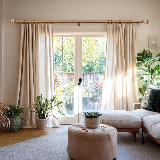 QDWIS Wood Curtain Rods for Windows 66 to 120 Inch,1'' Diameter Drapery Rods with Imitation Wood Grain Leaf Pattern Finials,Boho Adjustable Heavy Duty Curtain Rods Set,36-120'',Color:Natural Wood