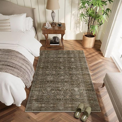 Washable 4x6 Rugs for Living Room, Boho Non-Slip Vintage Distress Small Rugs for Bedroom Nursery Office, 0.3" Neutral Oriental Throw Thin Carpet with Cushioning Pad, Rust/Multi, D2