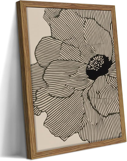 Framed Abstract Floral Wall Art, Neutral Line Flower Canvas Wall Decor Painting, Modern Minimalist Botanical Poster Print Picture for Living Room Bedroom Bathroom 12x16 Inch