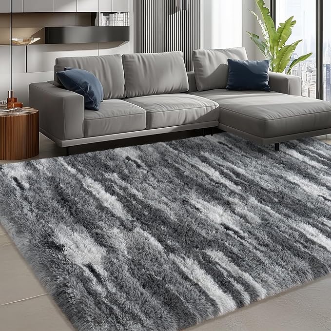 Shag Rugs for Living Room 9x12, Ultra Soft Abstract Grey Big Fuzzy Rugs for Bedroom, 9 x 12 Fluffy Shaggy Plush Carpet Girls Kids Room Dorm Upgrade Non-Slip