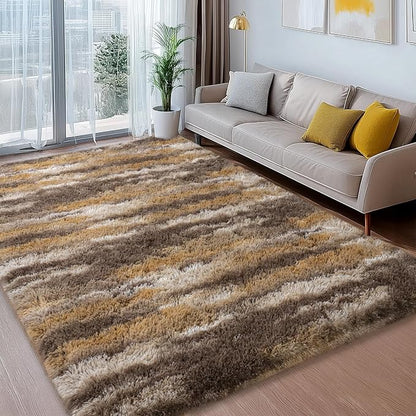 Shag Rugs for Living Room 9x12, Ultra Soft Abstract Brown Big Fuzzy Rugs for Bedroom, 9 x 12 Fluffy Shaggy Plush Carpet Girls Kids Room Dorm Upgrade Non-Slip