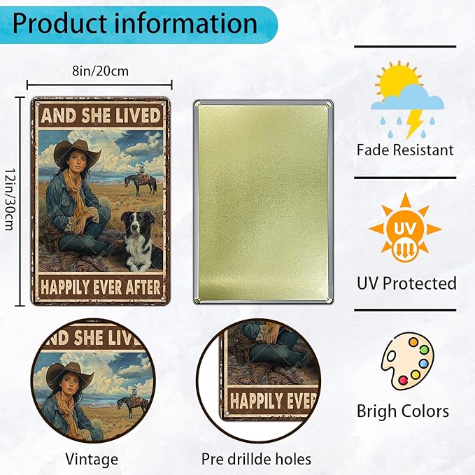 Cowgirl Metal Tin Signs and She Lived Happily Ever After Decorative Poster Wall Art Decoration for Home Bar Club Coffee shop 12x8 Inch