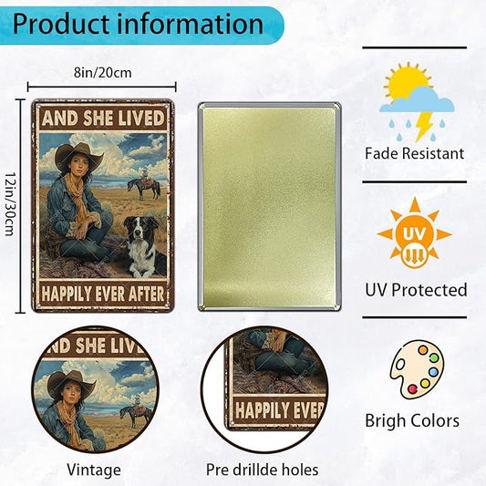 Cowgirl Metal Tin Signs and She Lived Happily Ever After Decorative Poster Wall Art Decoration for Home Bar Club Coffee shop 12x8 Inch