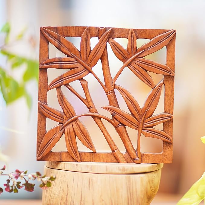 NOVICA Leaf and Tree Wood Relief Panel Wall Sculpture, Brown, Bamboo Copse'