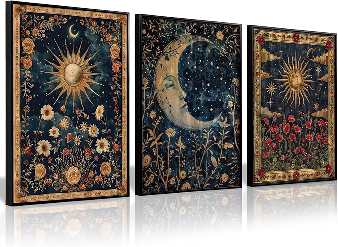 Tocliky Moon Sun Gothic Wall Art Tarot Card Celestial Canvas Poster Witchy Vintage Wall Decor Boho Floral Aesthetic Painting Dark Academia Mystical Astrology Posters for Bedroom 16x24x3 Inch Unframed