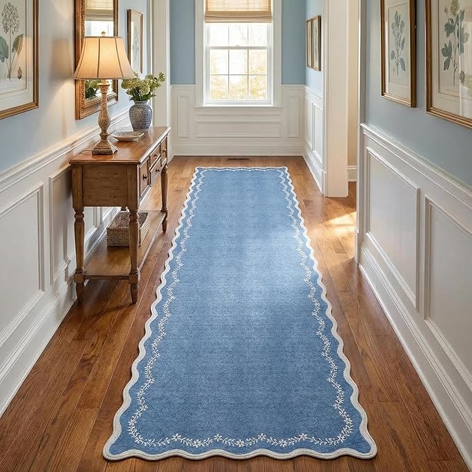 GarveeHome 2.6x10 Scalloped Washable Runner Rug for Kitchen, Soft Blue Long Hallway Runner Non Slip Entryway Rug Farmhouse Thin Laundry Mat Stain Resistant Carpet for Bathroom Beside Rug