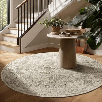 6ft Washable Round Rugs for Bedroom: Circle Living Room Rug Vintage Non Slip Low Pile Soft Faux Wool Non Shedding Boho Circular Rug for Entryway Kitchen Bathroom Office College Dorm Nursery Indoor
