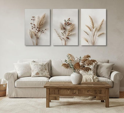 3Pcs Beige Neutral Floral Botanical Canvas Wall Art Modern Minimalist Beige Flower Plant Painting Wall Decor Poster Print Artwork for Living Room Bedroom Bathroom Home Decortion