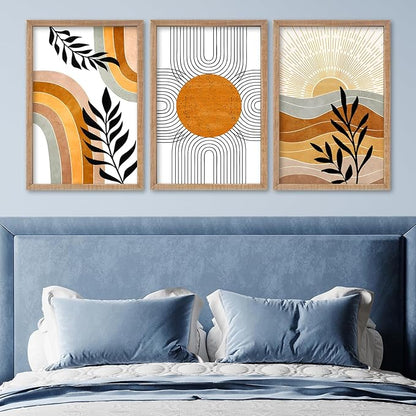 SRSZHIYUE Boho Art Wall Decor Wooden Framed 24x16 Inch Set of 3 Geometric Sun Desert Plant Wall Art for Bedroom Living room Hanging (Wood)
