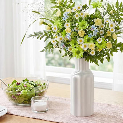 White Tall Ceramic Vase, Modern Matte Vertical Ribbed, Nordic Minimalist for Pampas, Dried & Fresh Flowers, Home Decor for Living Room, Coffee Table, Bookshelf, Entryway, Farmhouse
