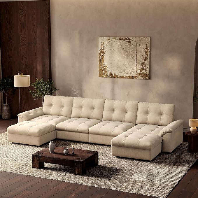 Oversized Modular Sectional Sofa with Storage, Modern Deep Seat Cloud Couch for Living Room, L-Shaped Large Sectional Couch, 4 Seater with 2 Ottomans, Beige