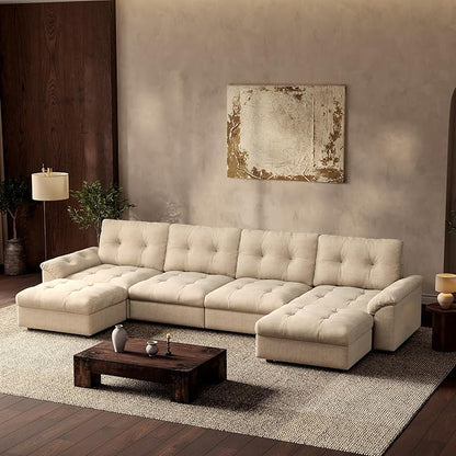 Oversized Modular Sectional Sofa with Storage, Modern Deep Seat Cloud Couch for Living Room, L-Shaped Large Sectional Couch, 4 Seater with 2 Ottomans, Beige
