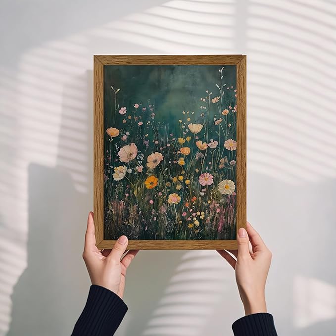 JLTULT Framed Vintage Pink Tone Floral Canvas Wall Art, Farmhouse Flower Landscape Pictures Wall Decor, Botanical Wildflower Field Art Print for Bedroom Living Room Bathroom Home Decoration 8x10 inch