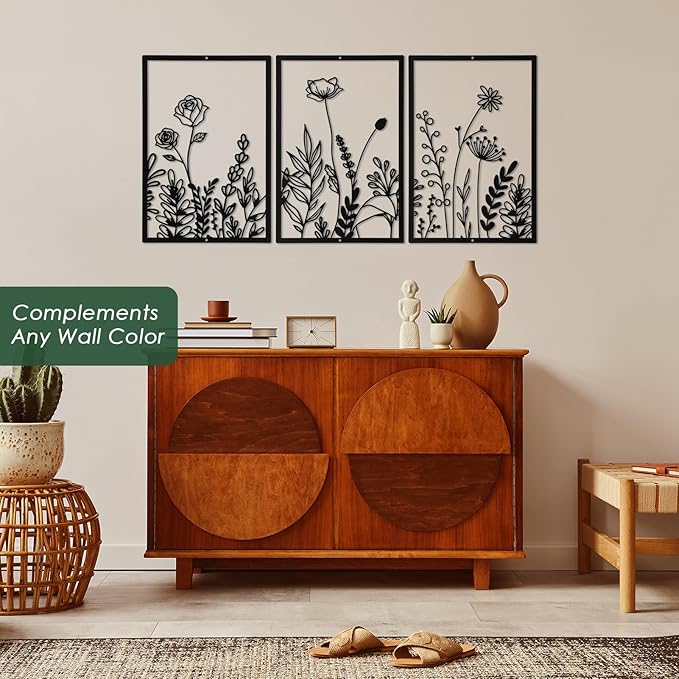 Sanwarm 3 Pieces Metal Flowers Wall Decor, Black Wall Art Decors Floral Herbs Line Sculpture Rose Daisy Eucalyptus Leaves Hanging Decoration for Home Kitchen Living Room Bedroom Garden Office