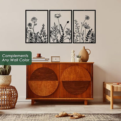 Sanwarm 3 Pieces Metal Flowers Wall Decor, Black Wall Art Decors Floral Herbs Line Sculpture Rose Daisy Eucalyptus Leaves Hanging Decoration for Home Kitchen Living Room Bedroom Garden Office
