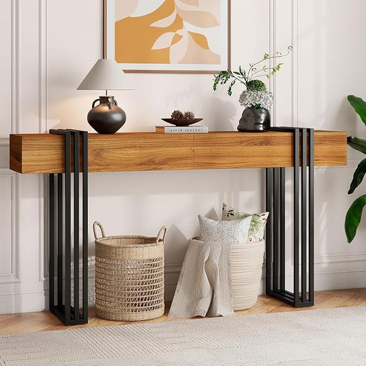 knoworld 63 Inch Long Console Table, Industrial Sofa Table Behind The Couch Rectangular Entryway Table for Entrance Hallway Living Room, Rustic Brown