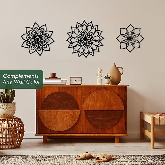 Sanwarm 3 Pieces Metal Flowers Wall Decor, Black Wall Art Decors Sunburst Mandala Bohemian Minimalist Hanging Decoration for Home Bathroom Living Room Bedroom Garden Office Housewarming Gifts