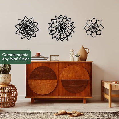 Sanwarm 3 Pieces Metal Flowers Wall Decor, Black Wall Art Decors Sunburst Mandala Bohemian Minimalist Hanging Decoration for Home Bathroom Living Room Bedroom Garden Office Housewarming Gifts