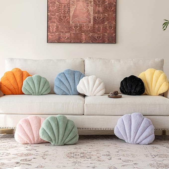 Shell Pillow, Seashell Throw Pillow with Soft Rabbit Plush for Couch Bed, Shell Shaped Decorative Ocean Pillow Stylish Beach Cushion Room Aesthetic Home Decor (Black, 18 X 13 Inches)