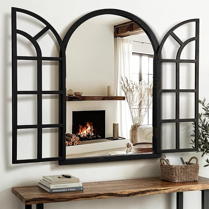 TRAHOME Arched Windowpane Mirror, 26"x38" Black Wood Frame Rustic Farmhouse Wall Mirror, Vintage Decorative Window Mirror for Living Room, Entryway, Bathroom