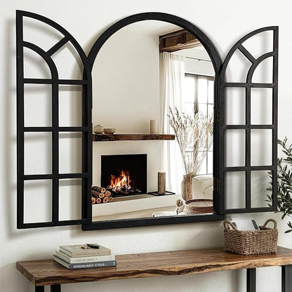 TRAHOME Arched Windowpane Mirror, 26"x38" Black Wood Frame Rustic Farmhouse Wall Mirror, Vintage Decorative Window Mirror for Living Room, Entryway, Bathroom