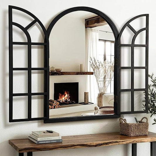 TRAHOME Arched Windowpane Mirror, 26"x38" Black Wood Frame Rustic Farmhouse Wall Mirror, Vintage Decorative Window Mirror for Living Room, Entryway, Bathroom