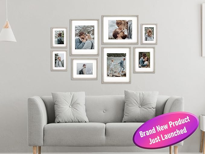8 Pack Shadow Box Style Gallery Wall Frame Set – Deep Photo Frame Set with Mat for 8x10, 5x7 and 4x6 - Multiple Sizes Picture Frame Set for Wall Collage – Assorted Picture Frames for Wall (Gray)
