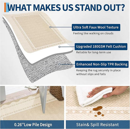 GarveeHome Modern Neutral 9x12 Area Rug Large Washable Rugs for Living Room, Low Pile Non Slip Stain-Resistant Soft Carpet, Contemporary Border Pattern Floor Mats for Home Decor, Beige