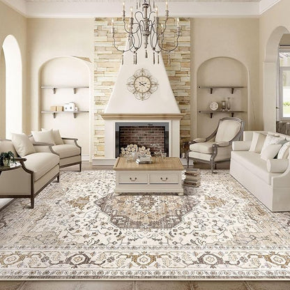 Area Rug for Living Room - 10x14 Soft Washable Oriental Vintage Floral Distressed Large Carpet - Fade Stain Resistant Non Slip Rugs for Bedroom Dining Room Nursery Dorm Office Home Decor-Camel/Beige